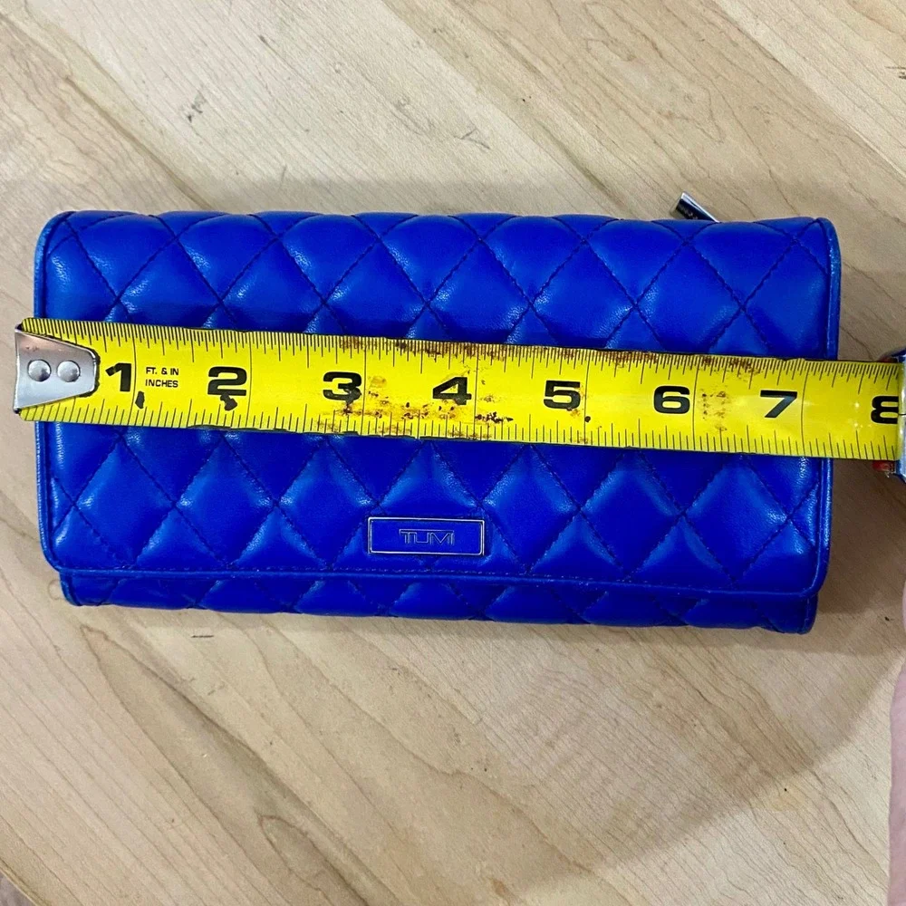 Tumi Blue Leather Quilted Continental Flap Wallet Long Organizer Clutch Travel